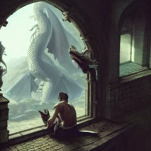 Image similar to michael mcintyre looking into a mirror in a castle, there is a dragon in the sky, anatomy, bathed in light, highly detailed, photorealistic, artstation, smooth, sharp focus, illustration, unreal engine 5, 8 k, art by artgerm and greg rutkowski and edgar maxence