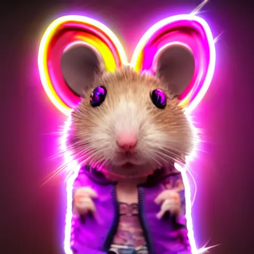 Image similar to cyberpunk hamster! holding rainbow! gem! crystal, neon lights, light reflection, logo, 8 k, hd