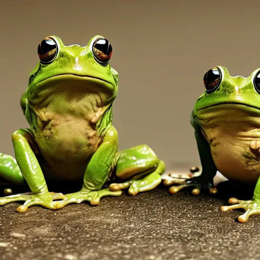 Prompt: concept of angry frogs standing