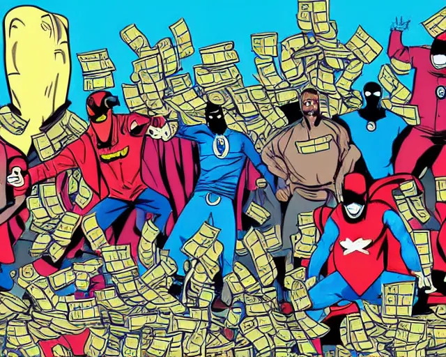 Image similar to rappers in superhero costumes looking at the sky. a swarm of money in the city. people running for their lives. terrorist attack. it's raining money. game show. ecstacy