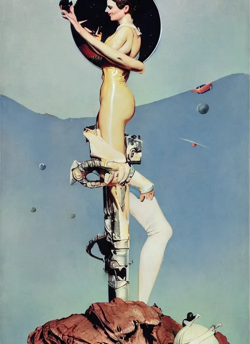 Image similar to elegant lady wearing a latex spacesuit standing on venus, by norman rockwell, jack kirby, jon berkey, earle bergey, craig mullins, ruan jia, jeremy mann, tom lovell, marvel, astounding stories, 5 0 s pulp illustration, scifi, fantasy