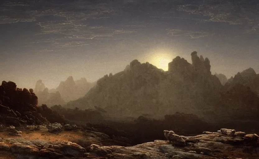 Prompt: plutonian landscape, very dim, close up shot, rocky, at dusk, distant mountains, 4k, rule of thirds, extreme detail, hazy, intricate ink illustration, surreal, surrealist, trending on artstation, cgsociety, hd, calm, complimentary colours, realistic lighting, by Albert Bierstadt, Frederic Edwin Church.