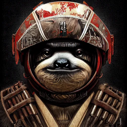 Image similar to graphic, hyperreal, portraiture illustration of anthropomorphic sloth in traditional samurai armor : : digital art, concept art, character development : : illustrated by artgerm, yoji shinkawa, scott buoncristiano, nychos