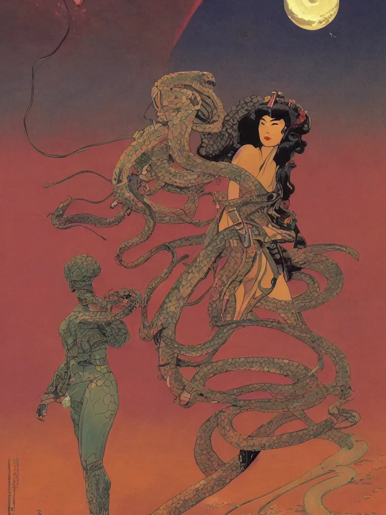 Image similar to on a strange vintage scifi planet, a samurai godess with a snake, vintage scifi poster, winslow homer, moebius, roger dean, artstation