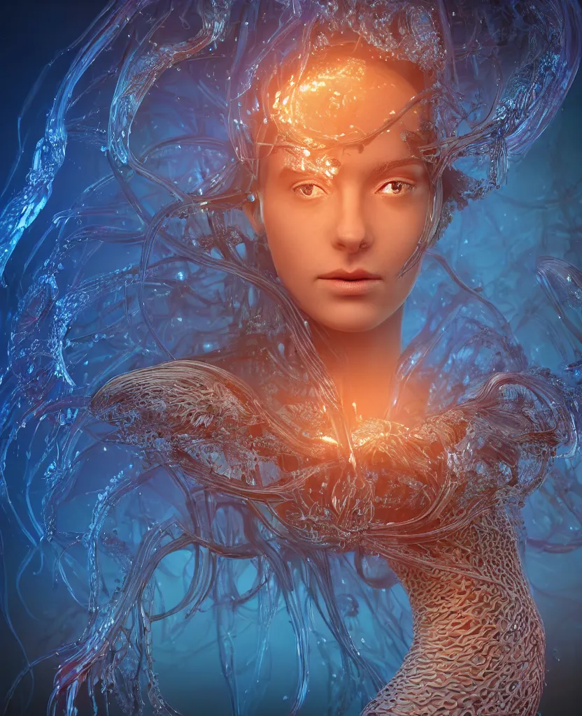 Image similar to close-up macro portrait of the face of a beautiful princess, epic angle and pose, symmetrical artwork, 3d with depth of field, blurred background, cybernetic jellyfish female face skull phoenix bird, translucent, nautilus, energy flows of water and fire. a highly detailed epic cinematic concept art CG render. made in Maya, Blender and Photoshop, octane render, excellent composition, cinematic dystopian brutalist atmosphere, dynamic dramatic cinematic lighting, aesthetic, very inspirational, arthouse. y Greg Rutkowski, Ilya Kuvshinov, WLOP, Stanley Artgerm Lau, Ruan Jia and Fenghua Zhong