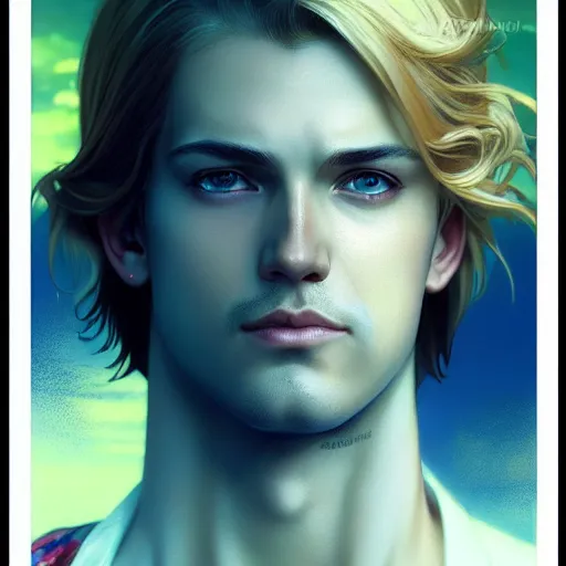 Prompt: highly detailed vfx portrait of a blond centre parting pretty boy with blue eyes by eiichiro oda, makoto shinkai, alphonse mucha, sakimichan, sharp focus, art by artgerm and greg rutkowski!, backlit, harsh overhead sunlight, detailed,