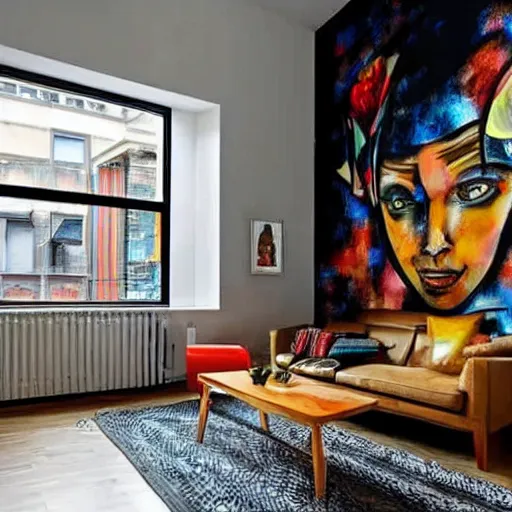 Image similar to trendy loft with modern murals on the wall, contemporary art and patterns, interior design, attractive architecture