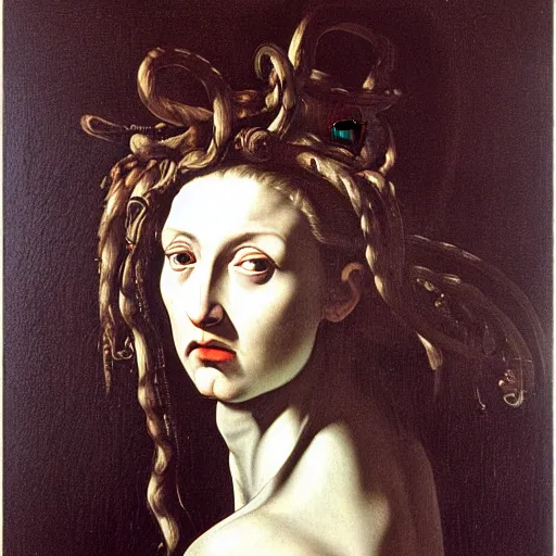 Image similar to Caravaggio-style portrait of Medusa