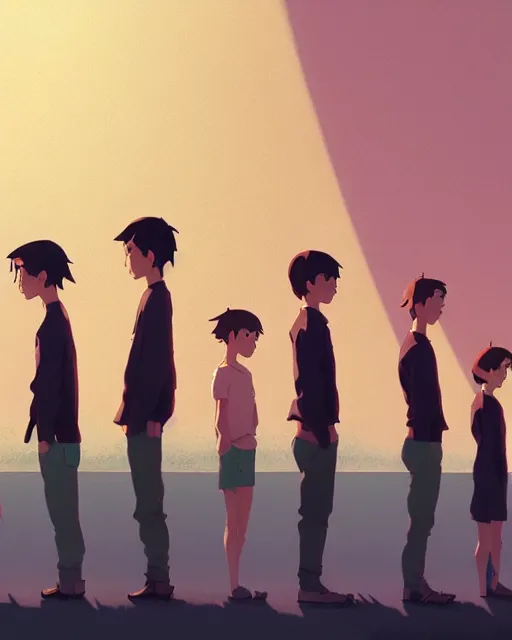 Image similar to a line of male statures lined up, james gilleard, atey ghailan, makoto shinkai, goro fujita, studio ghibli, rim light, exquisite lighting, clear focus, very coherent, plain background, soft painting