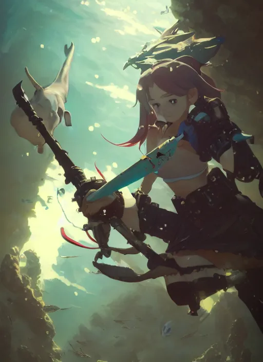 Prompt: a film still portrait of a shark girl, warhammer 4 0 k, finely detailed features, perfect art, trending on pixiv fanbox, painted by greg rutkowski makoto shinkai takashi takeuchi studio ghibli, akihiko yoshida,