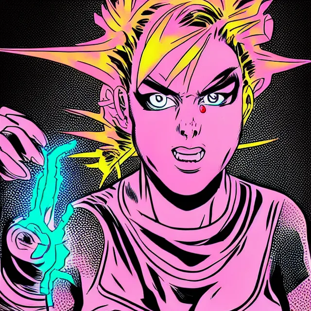 Image similar to a female mutant punk / raver using her mutant electrical powers in the style of vintage comic books in the style of manga trending on artstation deviantart pinterest hyper detailed photorealistic highlights and shadow hd 8 k post - processing high resolution in color