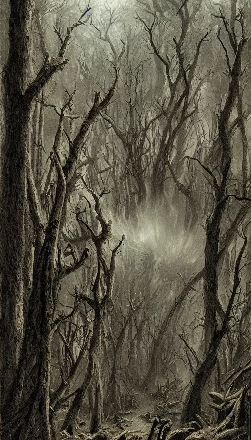 Prompt: a storm vortex made of many demonic eyes and teeth over a forest, by james gurney