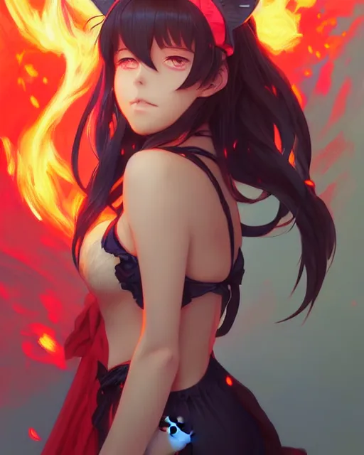 Image similar to beautiful anime girl with cat ears, lake, red, flames everywhere, highly detailed, digital painting, artstation, concept art, smooth, sharp focus, illustration, art by artgerm and greg rutkowski and alphonse mucha