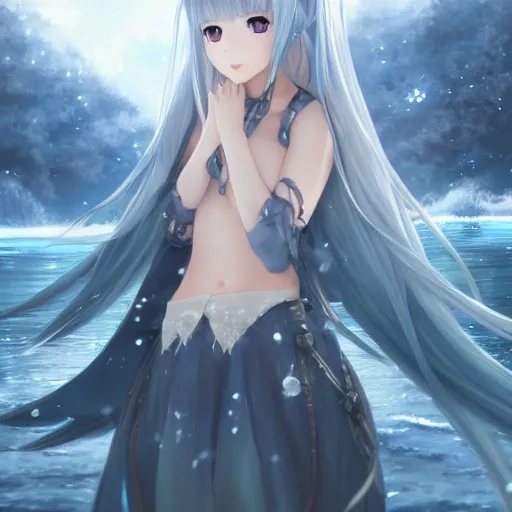 Prompt: a very beautiful anime girl from Final Fantasy XIV, full body, long braided curly silver hair, sky blue eyes, full round face, short smile, casual clothes, ice snowy lake setting, cinematic lightning, medium shot, mid-shot, highly detailed, trending on Artstation, Unreal Engine 4k, cinematic wallpaper by Stanley Artgerm Lau, WLOP, Rossdraws, James Jean, Andrei Riabovitchev, Marc Simonetti, and Sakimichan