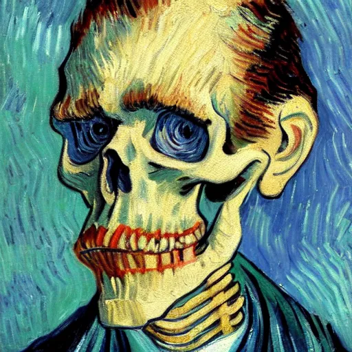 Image similar to detailed expressionist oil painting portrait by van gogh of a skeleton in a suit, a tall formal skeleton in suit and tie, expressionist portrait, color scheme of greys and whites, 8 k resolution, smooth, sharp focus