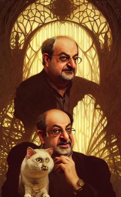 Image similar to portrait of salman rushdie with a cat, deep focus, d & d, fantasy, intricate, elegant, highly detailed, digital painting, artstation, concept art, matte, sharp focus, illustration, art by artgerm and greg rutkowski and alphonse mucha