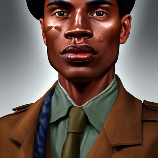 Prompt: A Hearts of Iron IV portrait of an African American young man with high cheekbones. Good bone structure. Dressed in 1940s style. Highly detailed, fine Art, high detail, great lighting, 8k resolution, masterpiece, concept art, illustration, clear eyes, painting oil on canvas, octane render, HDR, trending on artstation, 4k, 8k, HD