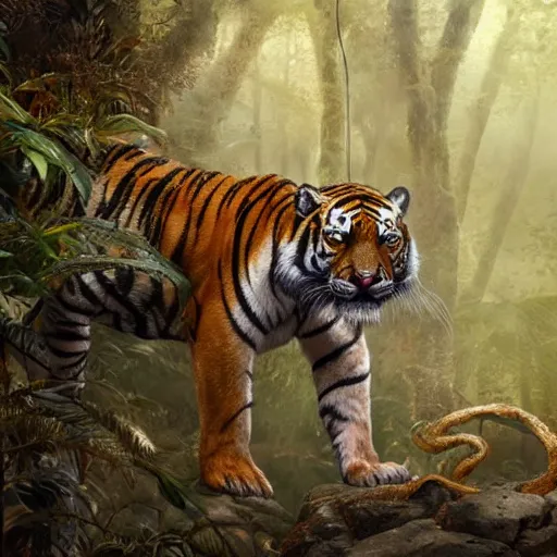 Prompt: a very high detailed tiger crossed with a muscular human body, wearing a very detailed golden kings crown, tattoo on shoulder, in a highly detailed jungle, full body, majestic, symmetric, Golden crown, crown on head, digital art, concept art, greg rutkowski, Nikolai Karelin, Hou China, trending artstation