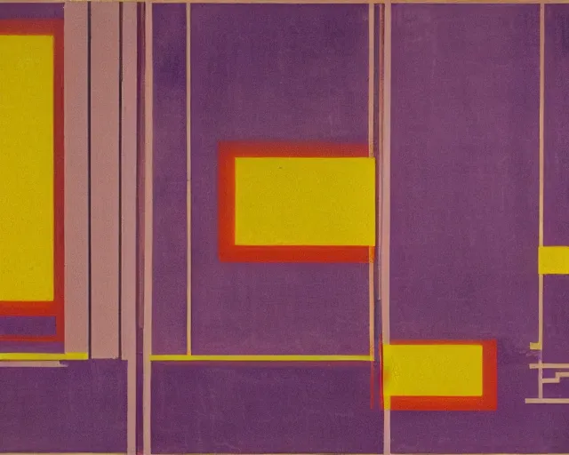 Prompt: purple Japanese city in the distant future. Rain on glass, neon signs, empty. a Rothko painting. three horizontal rectangles. one is yellow, one is red, one is light orange. The red one is the thinnest and has several thin yellow lines running through it with a peak in the middle.