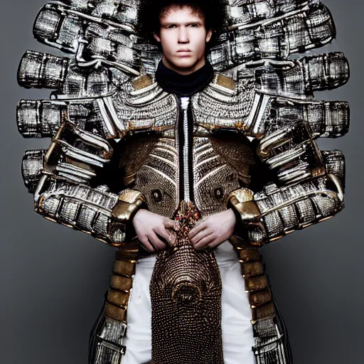 Image similar to a portrait of a beautiful young male wearing an alexander mcqueen armor made of circuits, photographed by andrew thomas huang, artistic