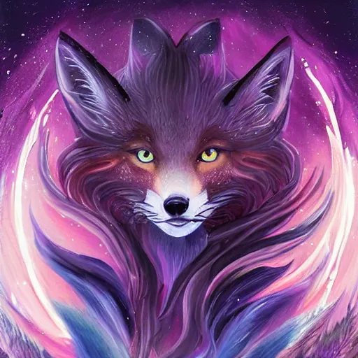 Image similar to a painted avatar portrait of an awesome cosmic powerful kitsune fox mage being themed around death and the stars and the cosmos, covered in flowers, holding an enchanted dagger, in the style of dnd beyond avatar portraits, beautiful, artistic, elegant, lens flare, magical, lens flare, nature, realism, stylized, art by jeff easley