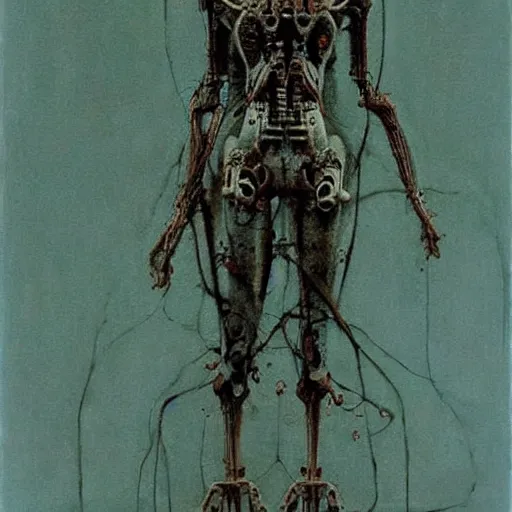 Image similar to horrific human cyborg, beksinski style painting, dark, scary, highly detailed