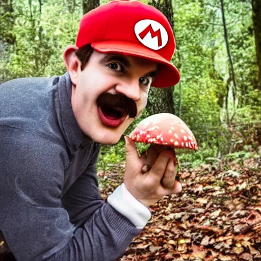 Image similar to real life photograph of Super Mario in the woods, discovering a bright red and white mushroom, his face is filled with extreme surprise, 4K award winning photography