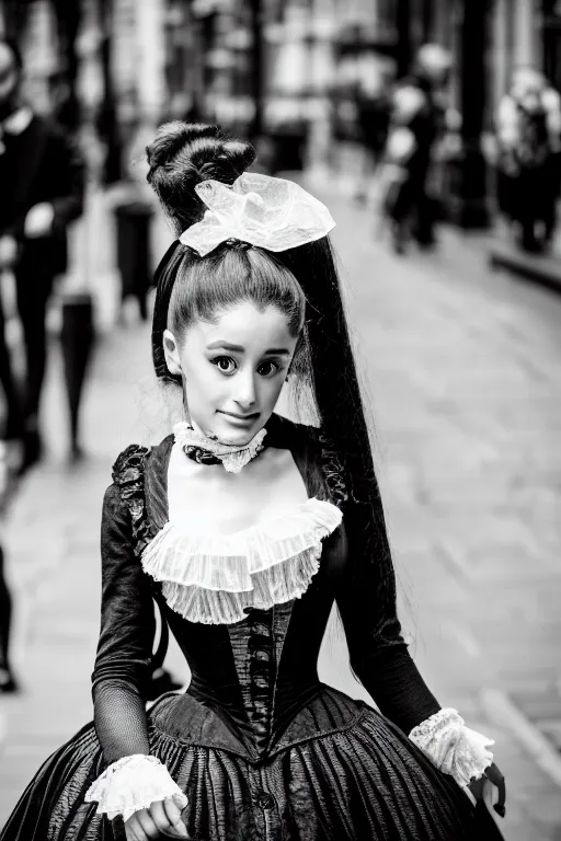 Image similar to Ariana Grande Victorian Era clothing, walking through the streets of London, XF IQ4, f/1.4, ISO 200, 1/160s, 8K, symmetrical face, beautiful eyes, black and white