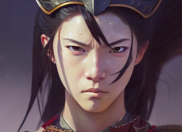 Image similar to a film still portrait of a warrior woman, finely detailed features, closeup at the face, sharp focus, perfect art, at lush forest background, cinematic lighting, intricate, anime!! gapmoe grimdark, artstation, trending on pixiv fanbox, painted by greg rutkowski makoto shinkai takashi takeuchi studio ghibli, akihiko yoshida