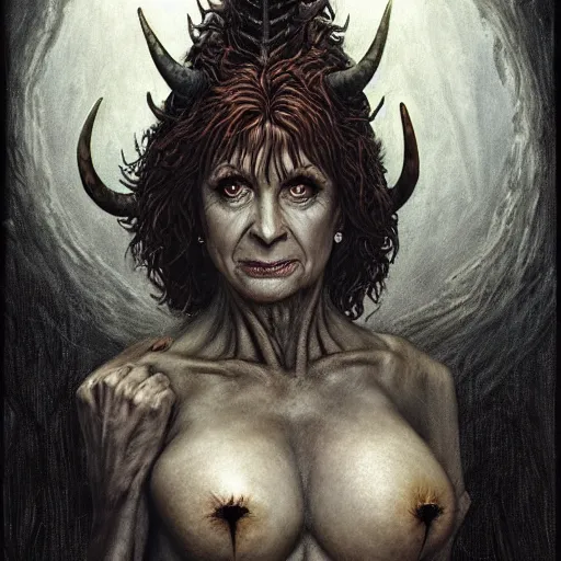 Image similar to head and shoulders portrait of an evil, black - skinned, horned night hag portrayed by reba mcintyre, d & d, fantasy, luis royo, magali villeneuve, donato giancola, wlop, krenz cushart