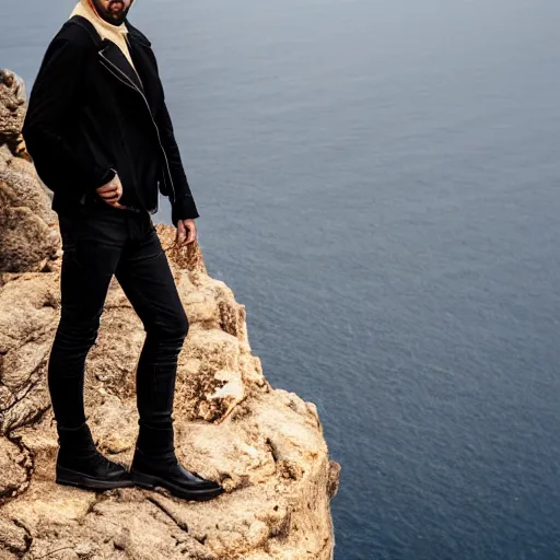 Image similar to A man wearing a black Jacket, white shirt, blue jeans and golden boots sits on a cliff holding an axe, XF IQ4, 150MP, 50mm, f/1.4, ISO 200, 1/160s, natural light, Adobe Photoshop, Adobe Lightroom, DxO Photolab, Corel PaintShop Pro, rule of thirds, symmetrical balance, depth layering, polarizing filter, Sense of Depth, AI enhanced