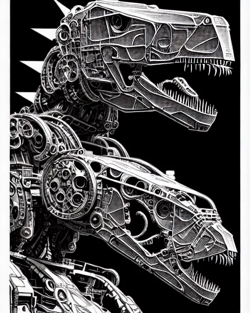 Image similar to a cyberpunk intricate mechanical robot t - rex dinosaur, transformer, high details, symmetry, bold line art, by vincent di fate, kim jung gi, joe fenton, inking, scifi, screen print, masterpiece, character concept art, trending on artstation, sharp, high contrast, ultrafine hyper detailed, comic book cover, hd, 4 k, 8 k