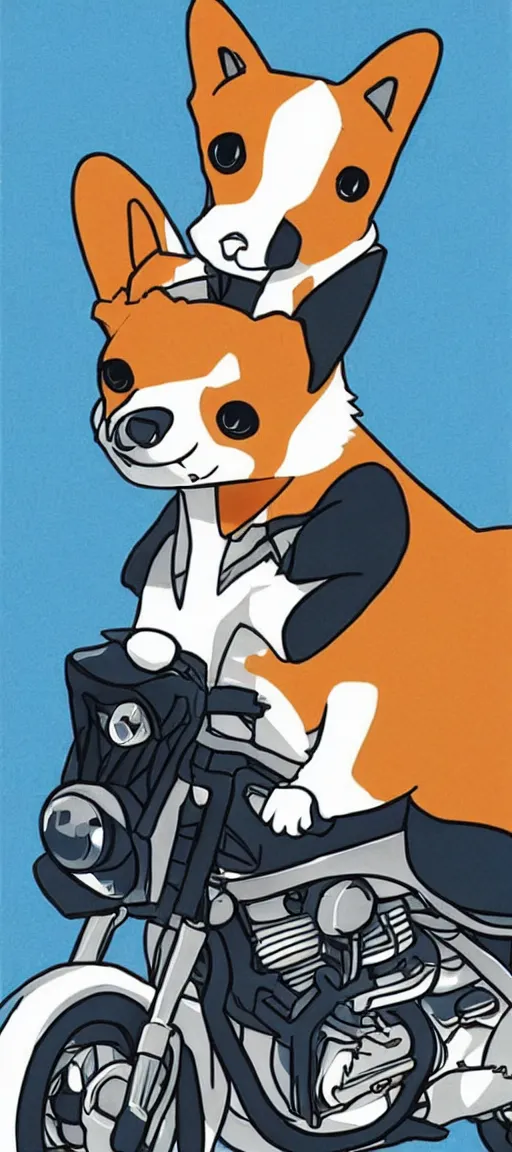 Image similar to A cute corgi riding a motorcycle in the style of Hiroshi Nagai