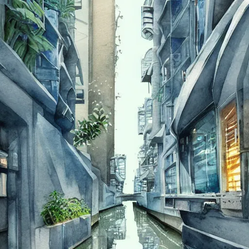 Prompt: Narrow cosy waterway in futuristic sci-fi city in harmony with nature. Nice colour scheme, soft warm colour. Beautiful detailed watercolor by Lurid. (2022)