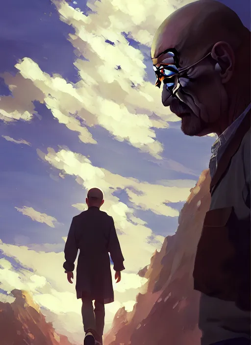 Image similar to walter white entering heaven, soft natural light, intricate, key visual, conceptart, ambient lighting, highly detailed, digital painting, artstation, sharp focus, by makoto shinkai, akihiko yoshida, greg manchess, dreamworks, ghibli, award winning