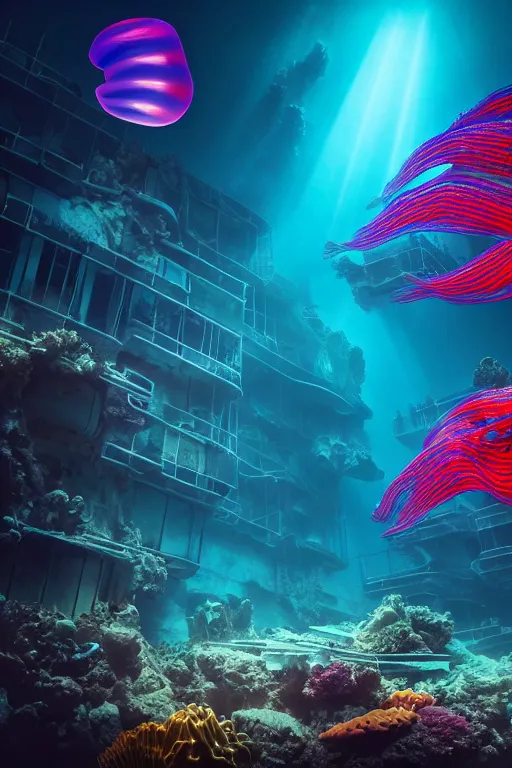 Prompt: high quality photo of cinematic underwater dystopian futurist city ruins with giant bioluminescent multicolored mutant fish and cyborg jellyfish, masterpiece, aykut aydogdu, very dramatic volumetric light, long shot, ground angle uhd 8 k, deep focus