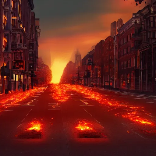 Prompt: Exploding fiery street lights in a city landscape, with burning buildings, glowing embers, photorealistic, 8K