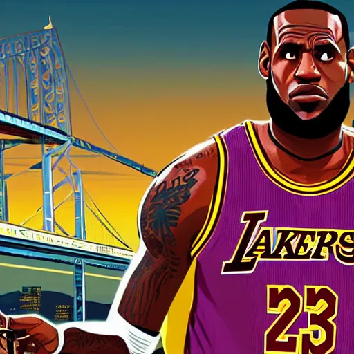 Prompt: lebron james in gta v cover art, art by stephen bliss, matte painting sharp focus