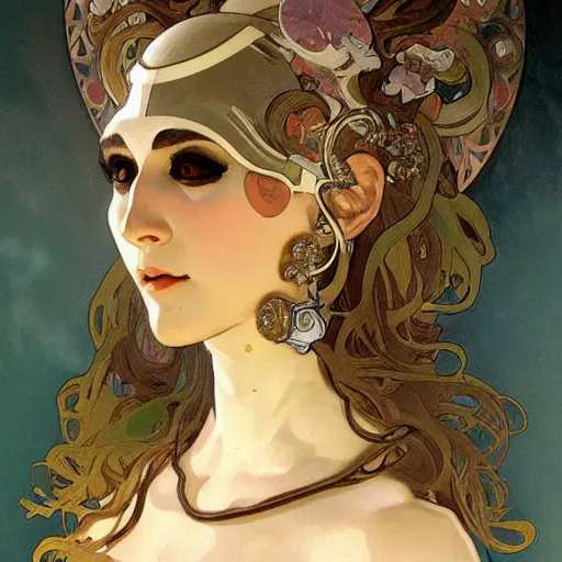 Prompt: A close-up portrait of a beautiful female robot wearing a cracked venetian mask by Alphonse Mucha, exposed inner structure, big soulful eyes, art nouveau card, concept art, wlop, trending on artstation