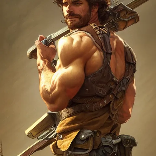 Image similar to portrait of a rugged ranger, muscular, upper body,, d & d, fantasy, intricate, elegant, highly detailed, digital painting, artstation, concept art, smooth, sharp focus, illustration, art by artgerm and greg rutkowski and alphonse mucha