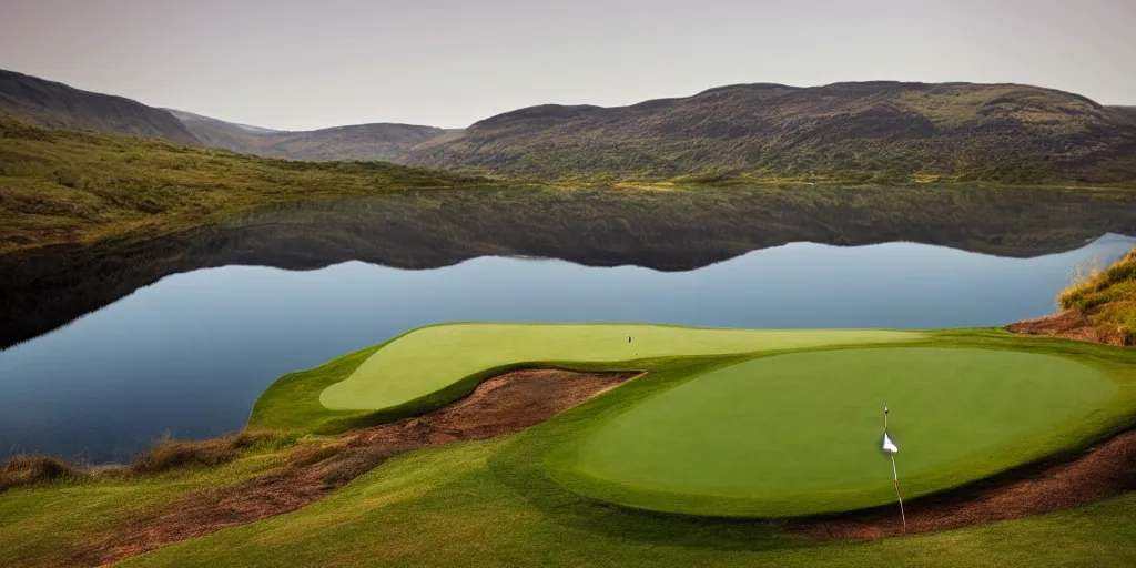 Image similar to a great photograph of the most amazing golf hole in the world completely surrounded by water, calm water, perfect light, loch ness monster, ambient light, miniature, tilt shift lens, golf digest, top 1 0 0, fog