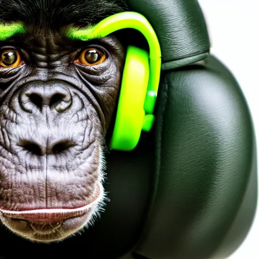 Image similar to a photo of a green chimp wearing headphones