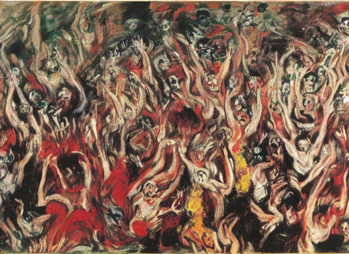 Image similar to mosh pit full of demons and beautiful women in hell ’ s nightclub, sfumato abstract oil on canvas, by rothko, by jackson pollock, by monet