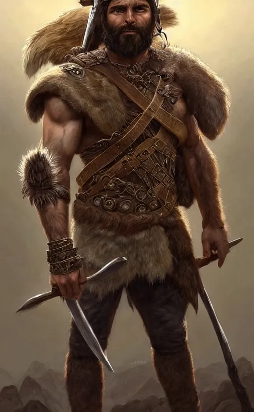 Image similar to full body portrait of a gruff ranger with a spear, wolf pelt on his head, muscular, handsome face, hairy body, D&D, fantasy, intricate, elegant, highly detailed, digital painting, artstation, concept art, matte, sharp focus, illustration, art by Artgerm and Greg Rutkowski and Alphonse Mucha