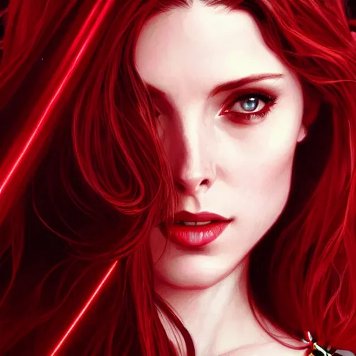 Image similar to Ashley Greene with red hair as Scarlet Witch, western, D&D, fantasy, intricate, elegant, highly detailed, digital painting, artstation, concept art, matte, sharp focus, illustration, art by Artgerm and Greg Rutkowski and Alphonse Mucha