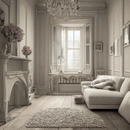 Image similar to a detalied 3 d render of a shabby chic living room, photorealism