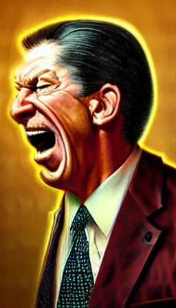 Image similar to very angry vince mcmahon sneezing in the style of norman rockwell, satanic, photorealistic, realistic proportions, digital illustration, evil, trending on artstation, award - winning