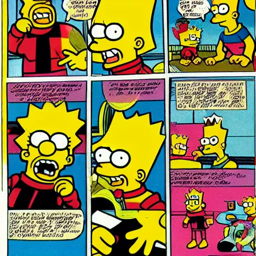 Image similar to a comic book page of the adventures of Bart Simpson by frank miller