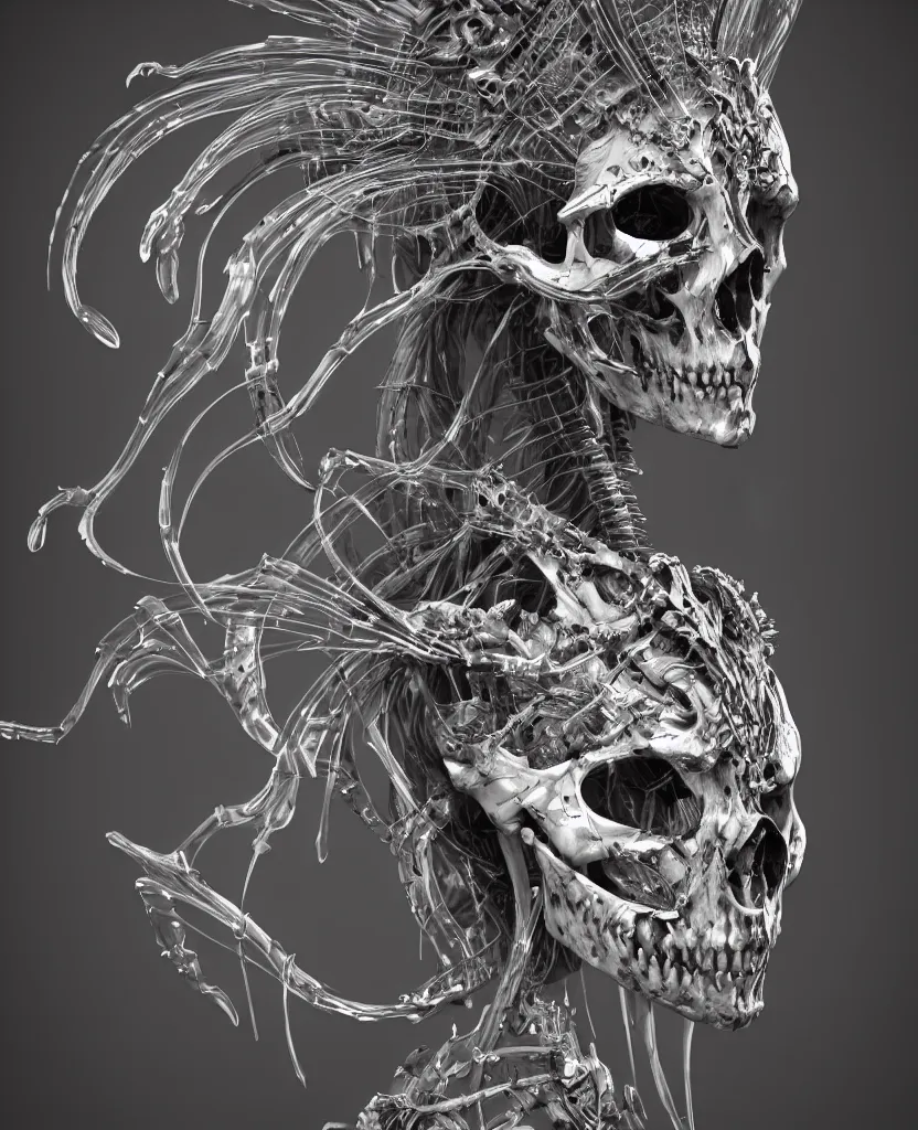 Image similar to close-up macro portrait of the face of a beautiful princess with animal skull mask, epic angle and pose ribcage skeleton, symmetrical artwork, 3d with depth of field, blurred background, cybernetic jellyfish female face skull phoenix bird, translucent, nautilus, energy flows of water and fire. a highly detailed epic cinematic concept art CG render. made in Maya, Blender and Photoshop, octane render, excellent composition, cinematic dystopian brutalist atmosphere, dynamic dramatic cinematic lighting, aesthetic, very inspirational, arthouse. y Greg Rutkowski, Ilya Kuvshinov, WLOP, Stanley Artgerm Lau, Ruan Jia and Fenghua Zhong