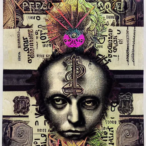 Image similar to post - punk new age album cover, asymmetrical design, frame of a dollar bank notes, capitalism, magic, apocalypse, psychedelic, black white pink, magic, giger h. r., giuseppe arcimboldo